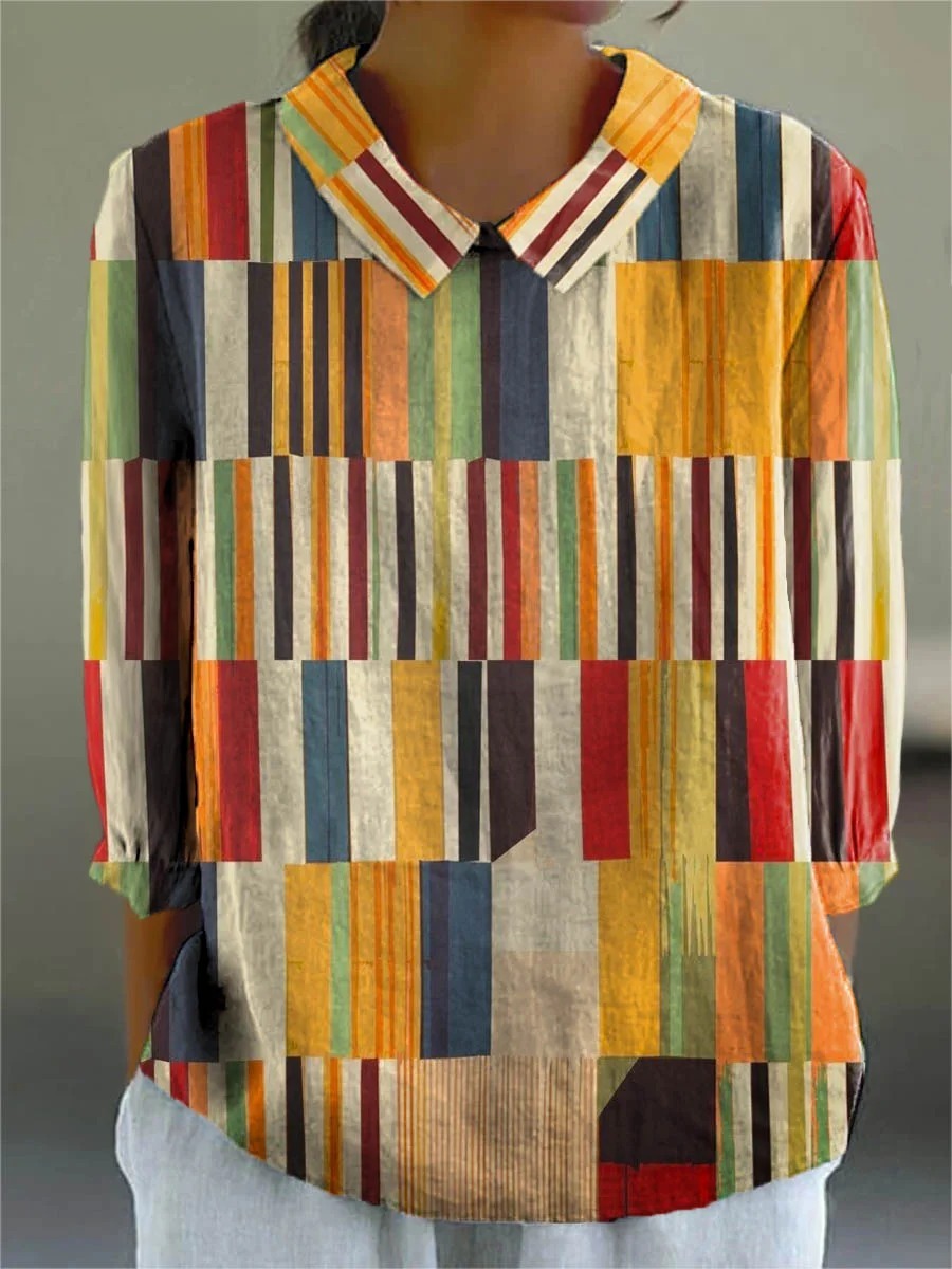 Women's Vintage Colorblock Striped Art Print Casual Cotton And Linen 3