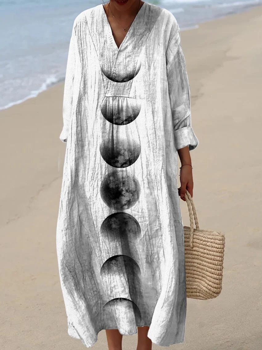 Women's Abstract Moon Pattern Art Print Cotton Dress