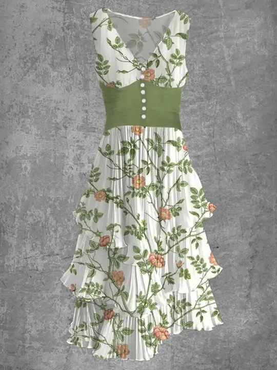 Floral Print Sleeveless V-Neck Button Up Retro Midi Dress