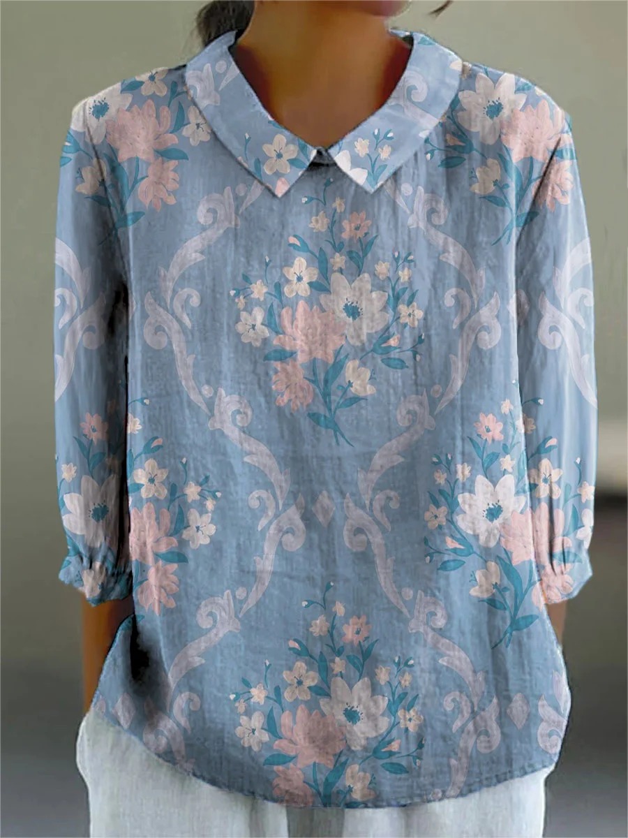 Women's Vintage Lovely Floral Art Print Casual Cotton And Linen 3/4 Sleeve Shirt