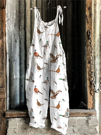 Birds & Farm Animals Print Linen Blend Jumpsuit