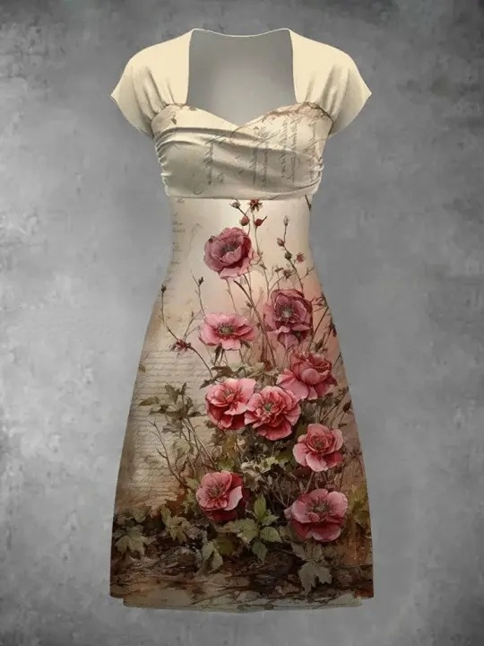 Floral Art Print  Vintage Elegant Short Sleeve Midi Dress