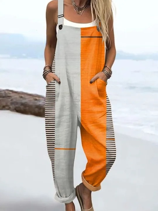 Women's  Vintage Abstract Geometric Art Print Casual 100% Cotton Wide Leg Jumpsuit