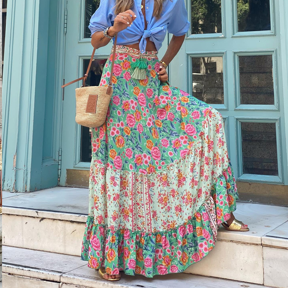 Women Bohemian Floral Print A-line Casual High Waist Skirt