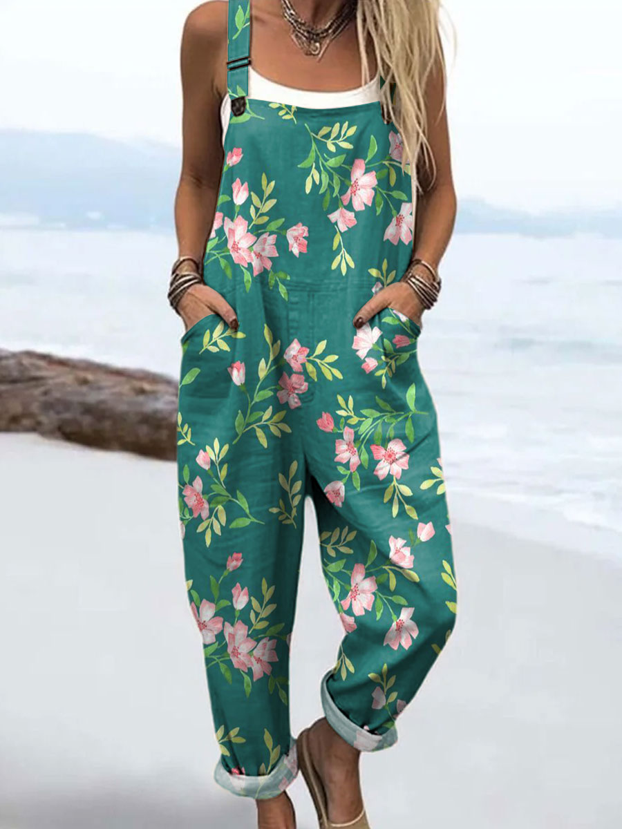 Women's Vintage Art Print Casual Cotton Wide Leg Jumpsuit