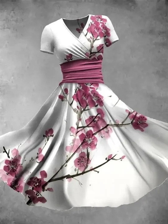 Vintage Floral Print V Neck Elegant Chic Loose Short Sleeve Midi Dress