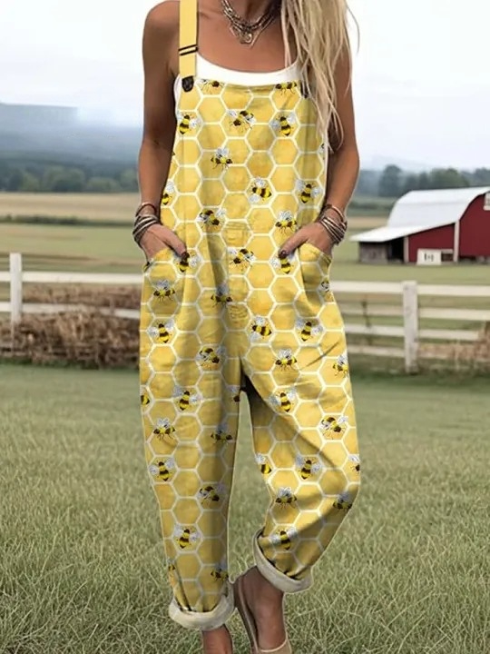 Women's Lovely Bees Art Print Casual 100% Cotton Wide Leg Jumpsuit