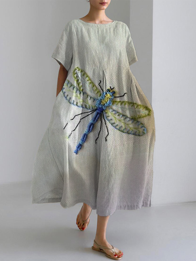 Women's Dragonfly Embroidery Pattern Linen Blend Maxi Dress