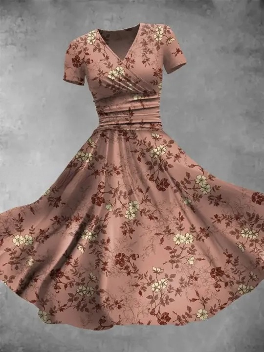 Floral Art Print V-Neck Short Sleeve Retro Midi Dress
