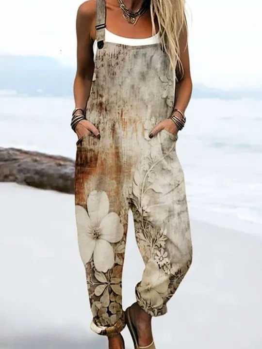 Women's Vintage Floral Art Print Casual 100% Cotton Wide Leg Jumpsuit