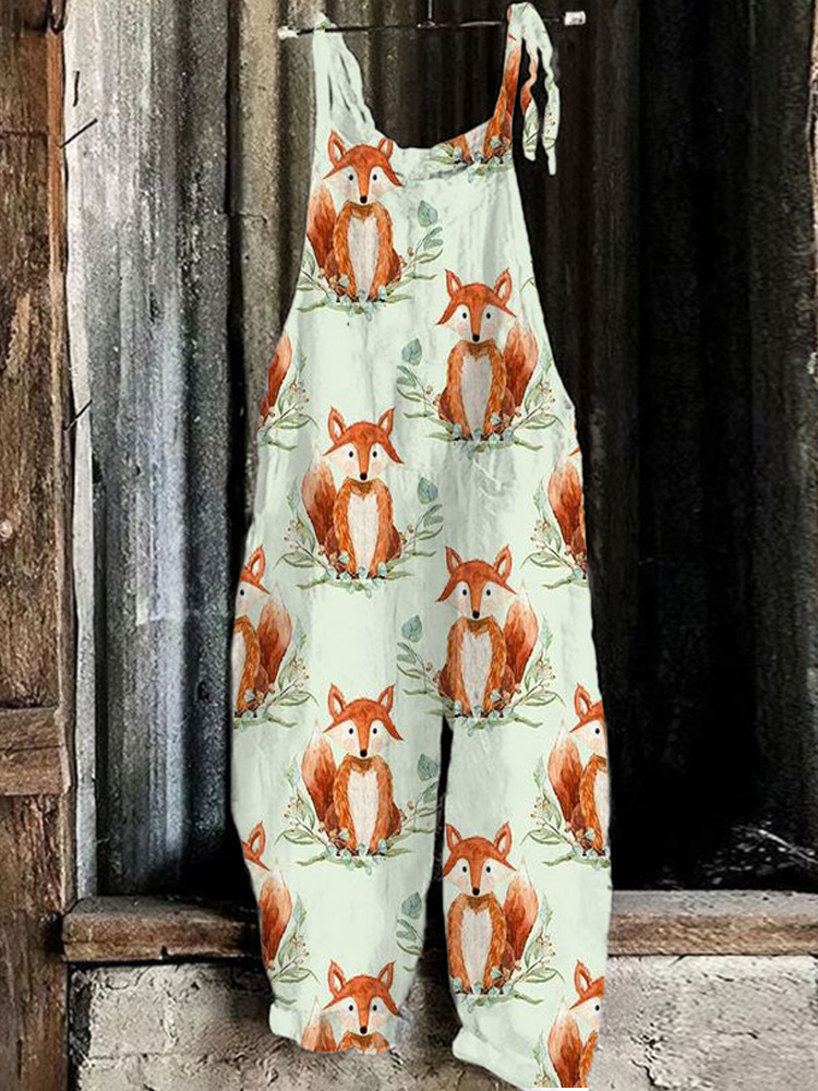 Farm Style Fox Print Casual Jumpsuit