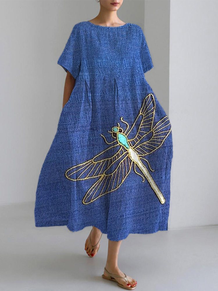 Women's Dragonfly Embroidery Pattern Linen Blend Maxi Dress