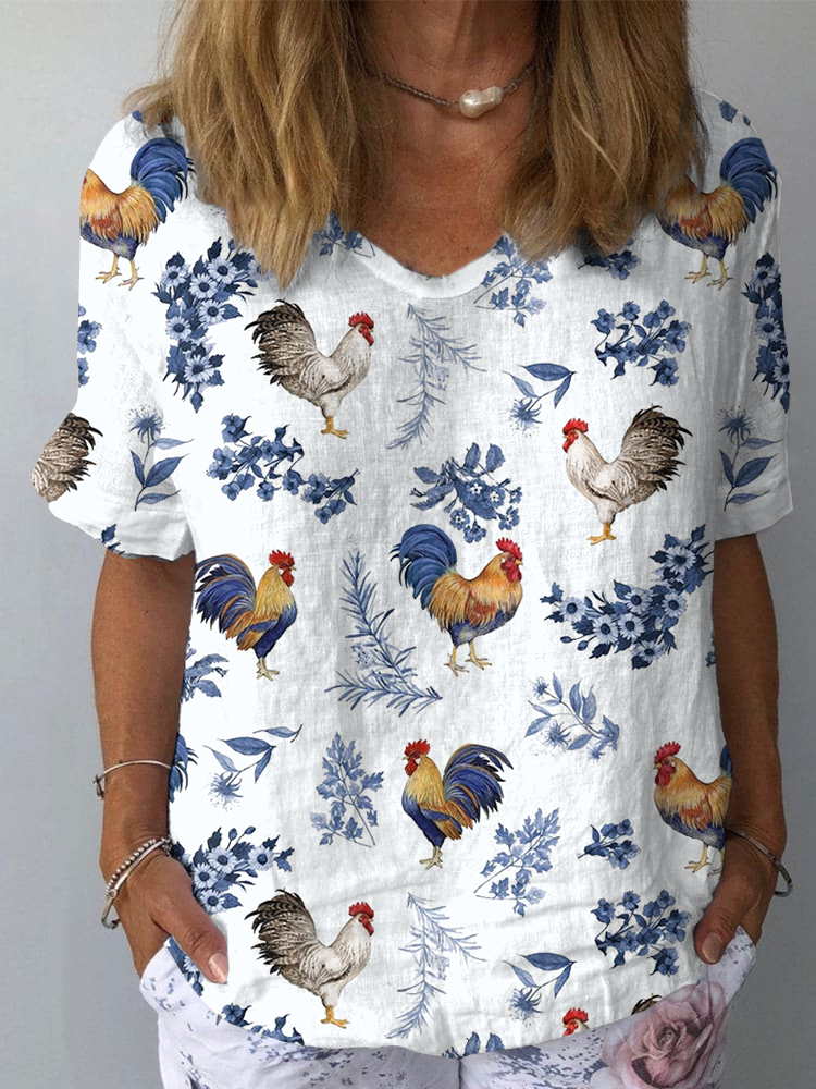 Women's Farm Chicken Pattern Casual V-Neck Cotton And Linen Top