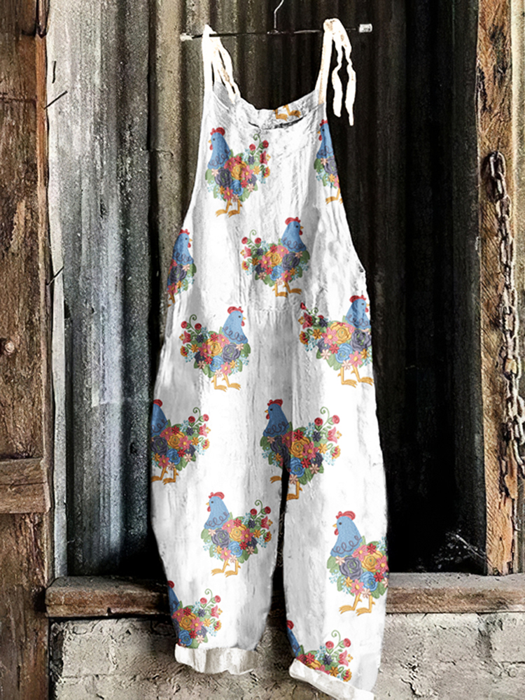 Fun Floral Chicken Pattern Linen Blend Comfy Jumpsuit