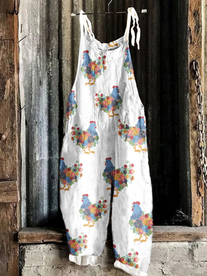 Fun Floral Chicken Pattern Linen Blend Comfy Jumpsuit