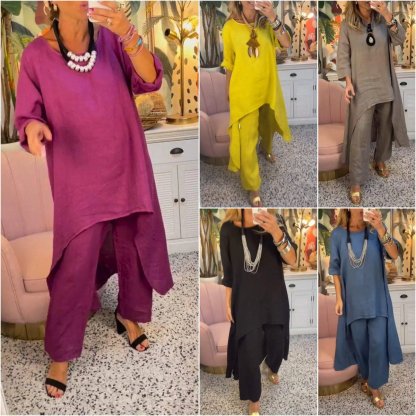 🔥Two-piece suit in cotton and linen, with a round neckline and long sleeves