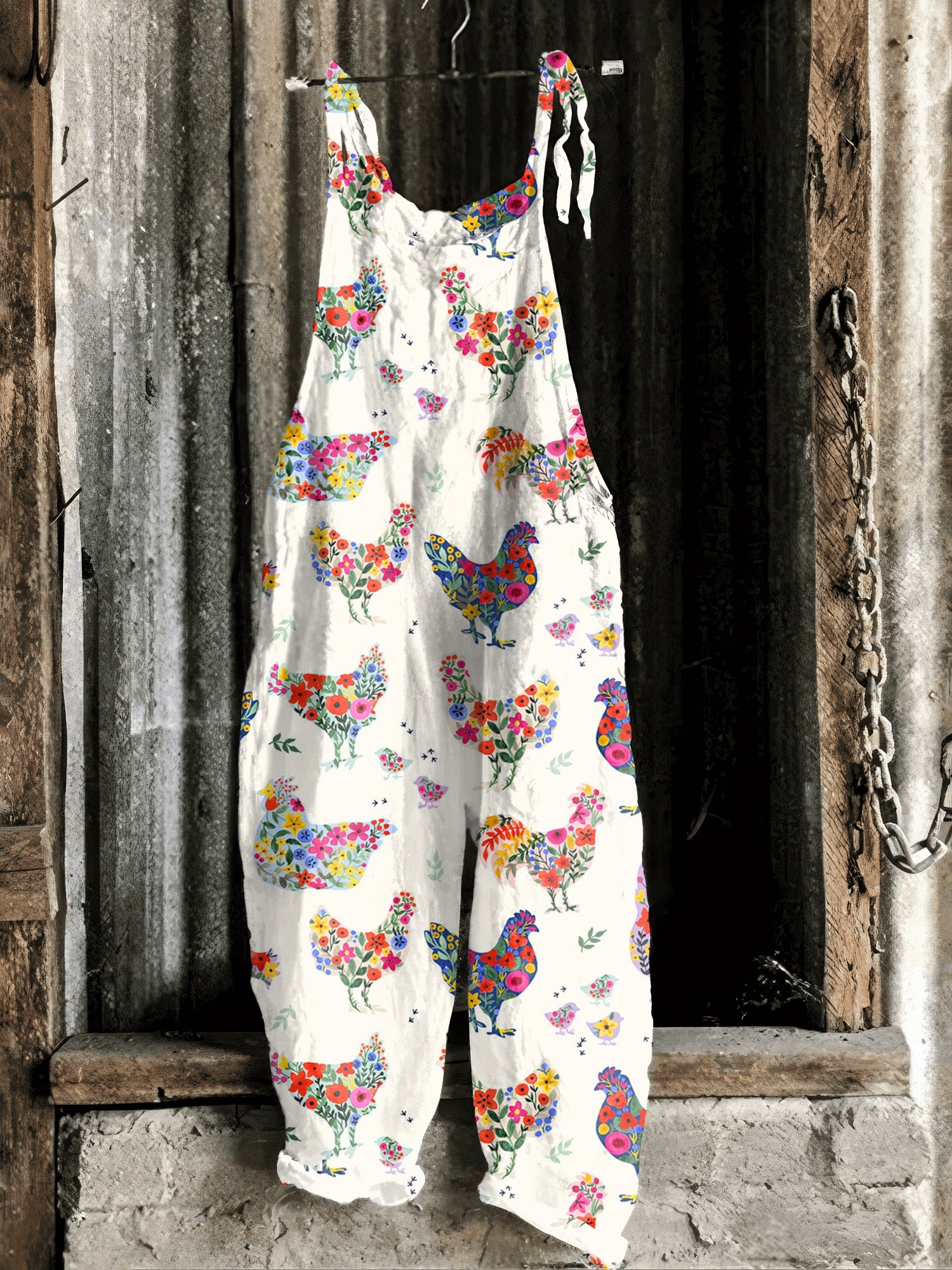 Farm Animal Chicken And Floral Print Casual Jumpsuit