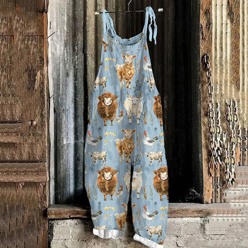 Fun Farm Chickens Graphics Linen Blend Casual Jumpsuit