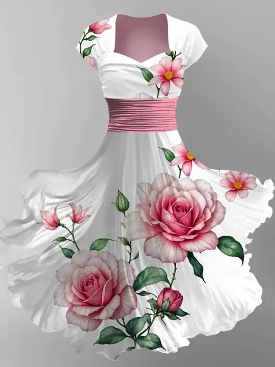 Floral Art Print V-Neck Vintage Chic Short Sleeve Midi Dress