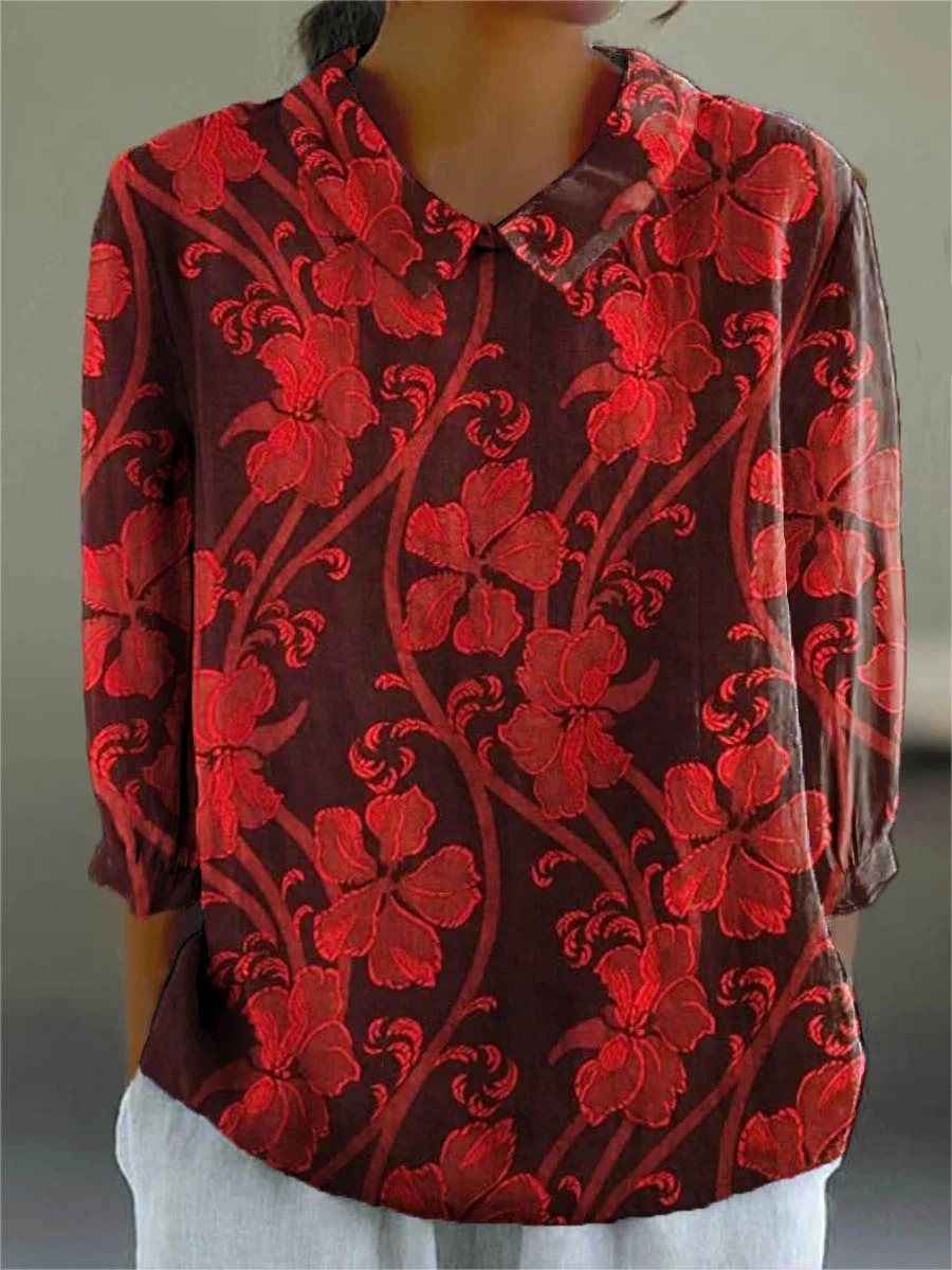 Women's Vintage Lovely Floral Art Print Casual Cotton And Linen 3/4 Sleeve Shirt