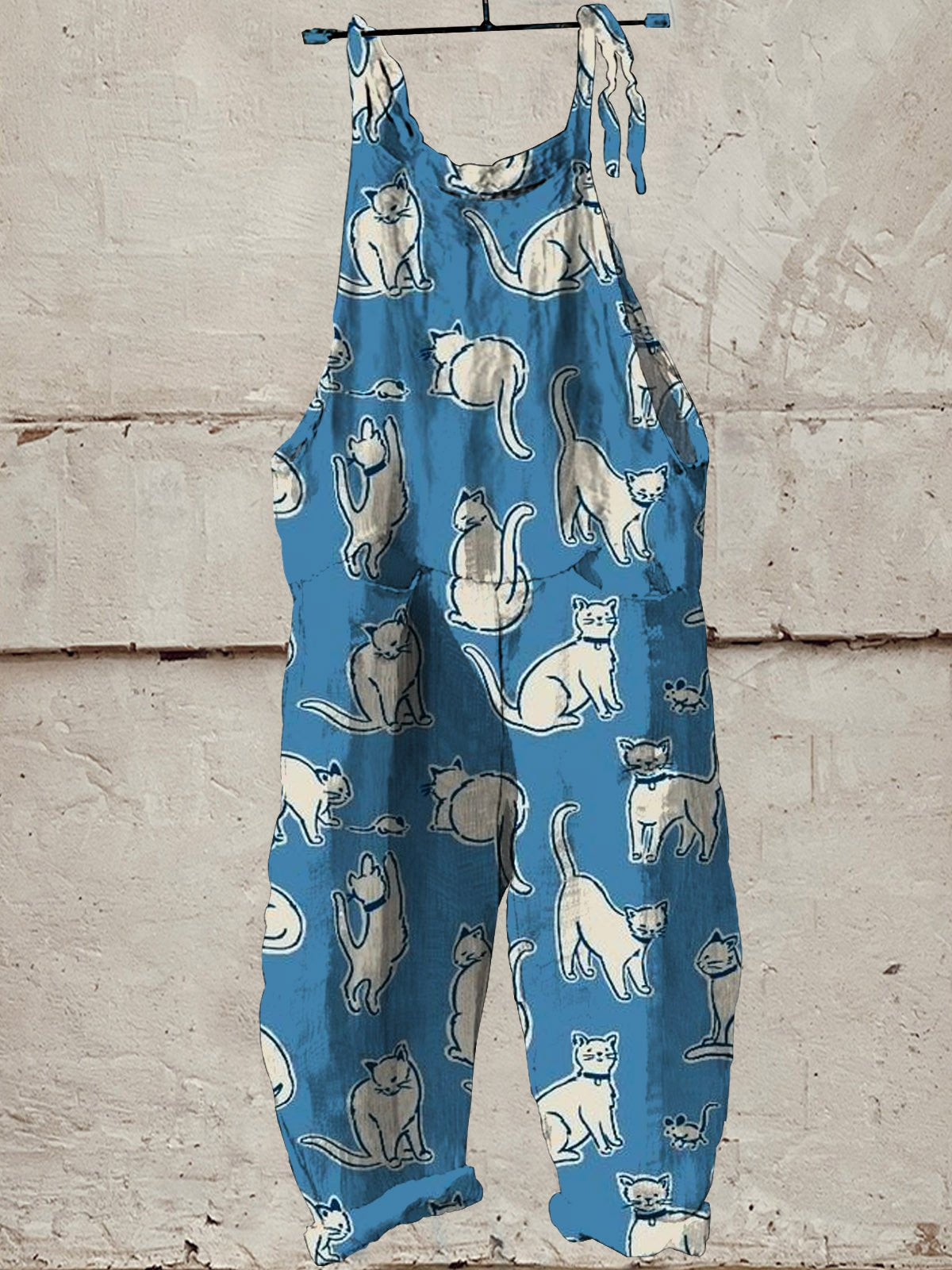 Women's Lovely Cats Art Print Casual 100% Cotton Wide Leg Jumpsuit