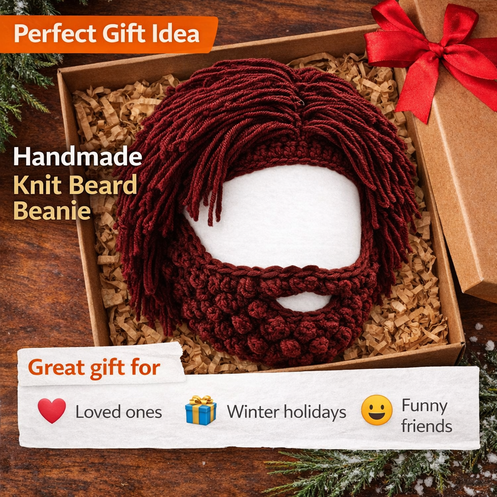 Handmade Punk Style Beanie with Attached Straight Hair Wig and Knitted Beard – Funny Winter Hat with Hair & Beard for Men | 🎁Buy 2 Get Free Shipping