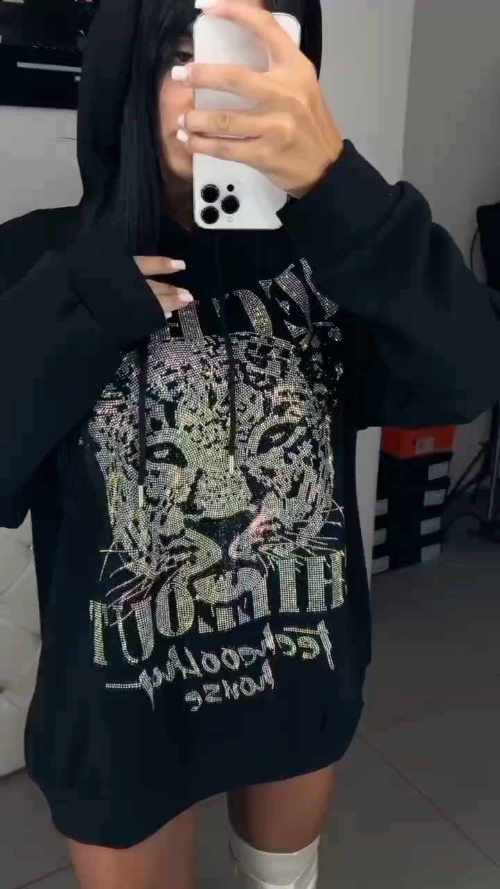 Women's Hooded Leopard Print Casual Top with Rhinestones