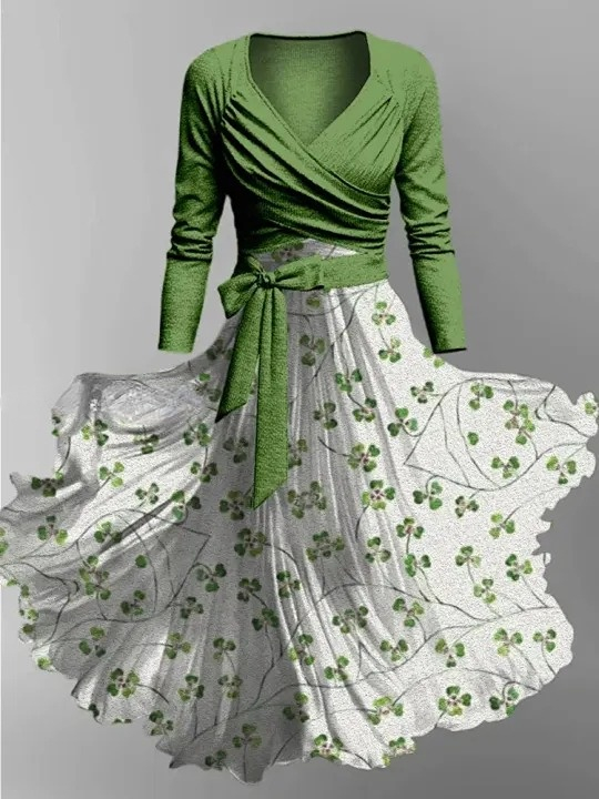 Floral Print Vintage V-Neck Long Sleeve Two-Piece Midi Dress