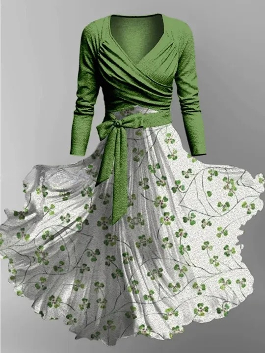 Floral Print Vintage V-Neck Long Sleeve Two-Piece Midi Dress