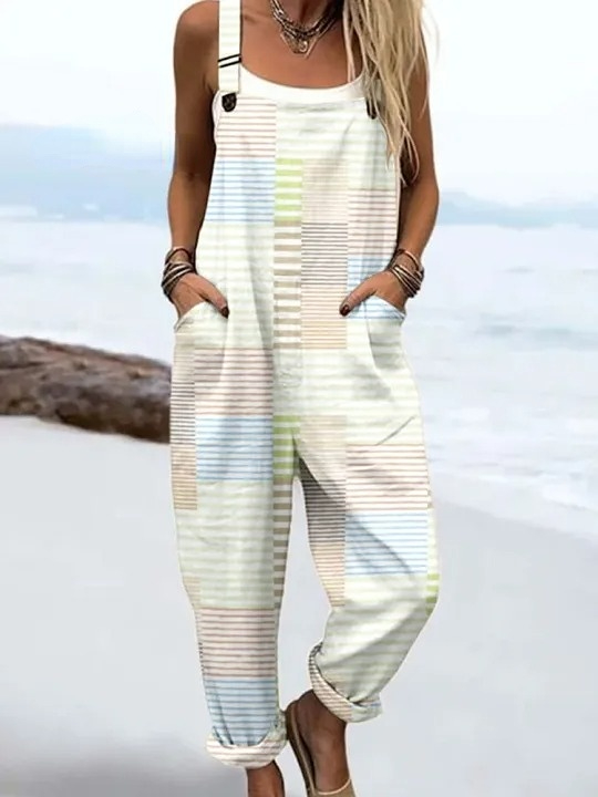 Women's Vintage Abstract Geometric Line Art Print Casual 100% Cotton Wide Leg Jumpsuit