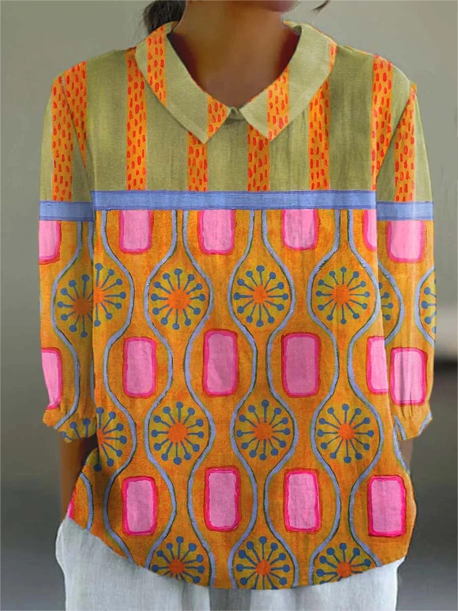 Women's Vintage Abstract Geometry Art Print Casual Cotton And Linen 3/4 Sleeve Shirt