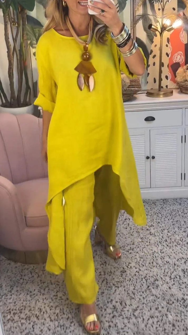 🔥Two-piece suit in cotton and linen, with a round neckline and long sleeves