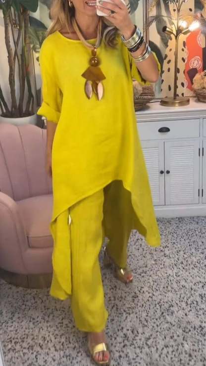 🔥Two-piece suit in cotton and linen, with a round neckline and long sleeves