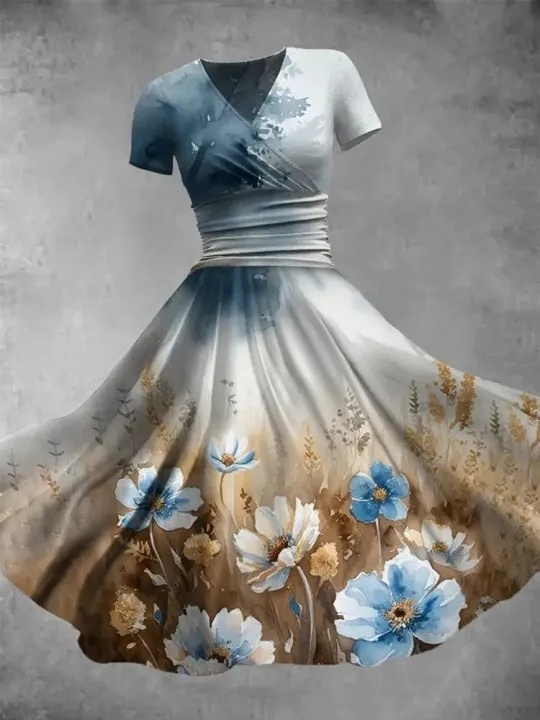 Vintage Bohemian Floral Print V Neck Elegant Chic Loose Short Sleeve Midi Dress