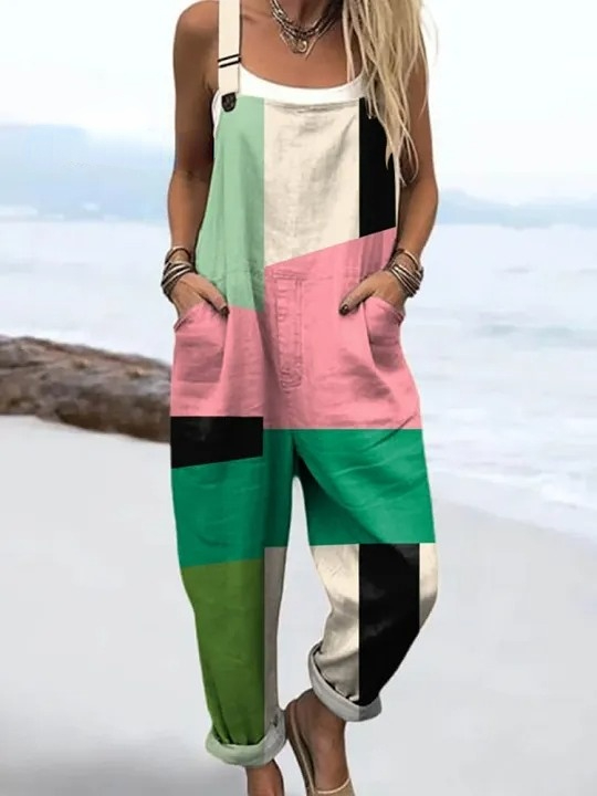 Women's Geometric Pattern Art Print Casual 100% Cotton Wide Leg Jumpsuit