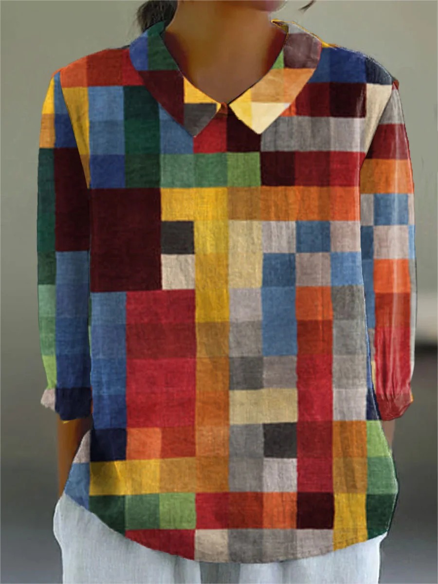 Women's Vintage Abstract Geometry Art Print Casual Cotton And Linen 3/4 Sleeve Shirt