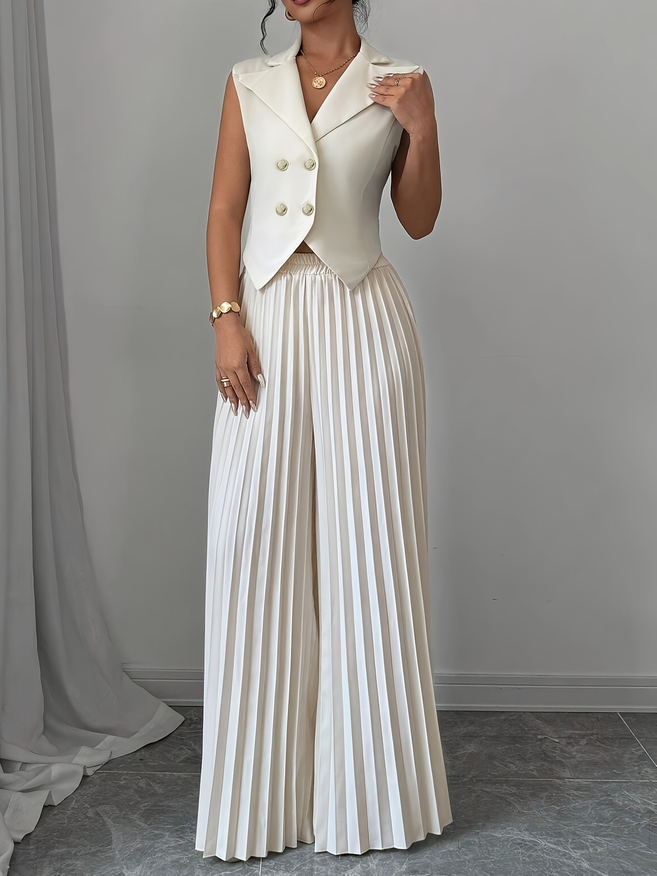 Elegant Solid Color Blazer & Pleated Wide-Leg Pants Set for Women - Machine Washable,