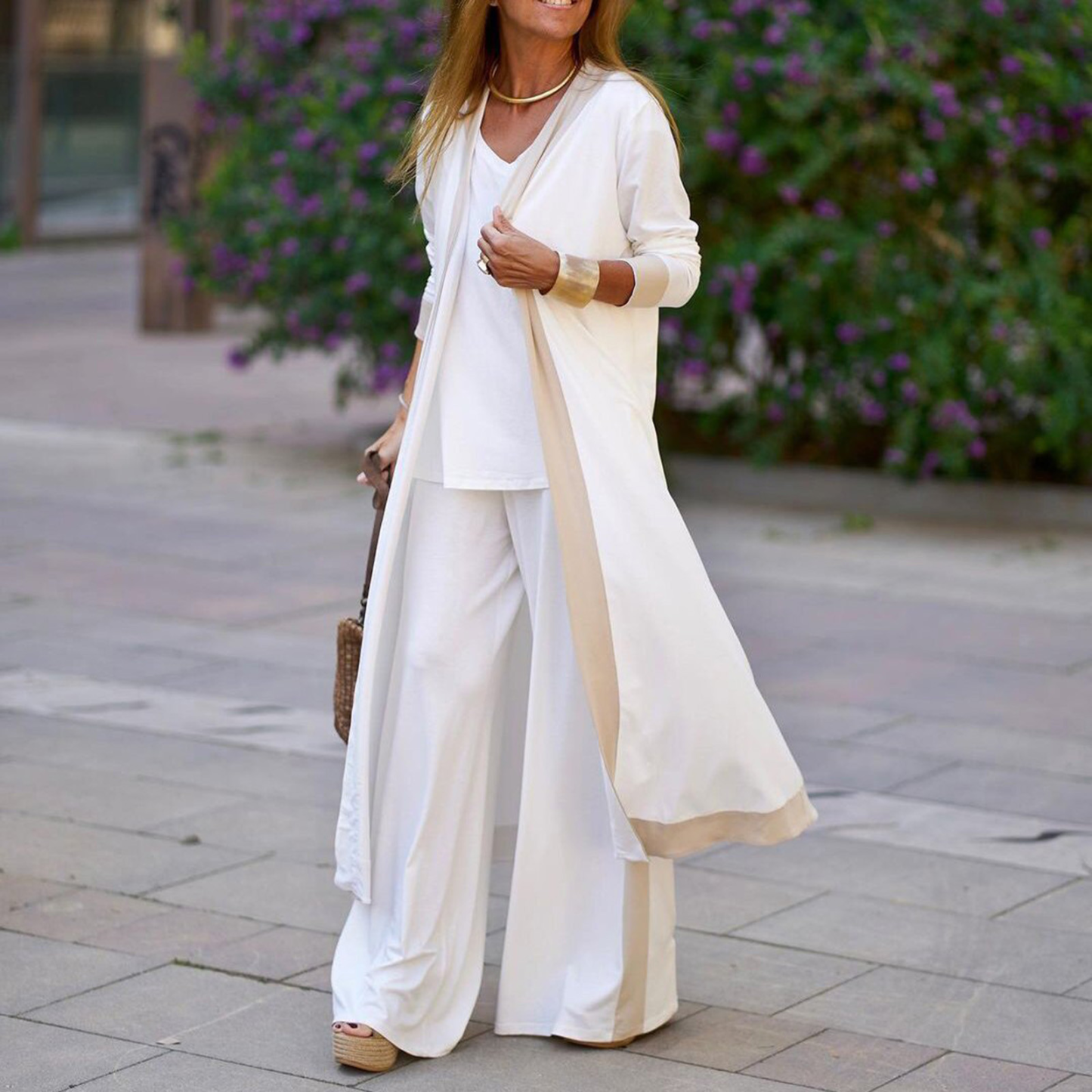 Color Block Casual Three-piece Set, Open Front Long Sleeve Cardigan & V Neck Tops & Wide Leg Pants Outfits, Women's Clothing