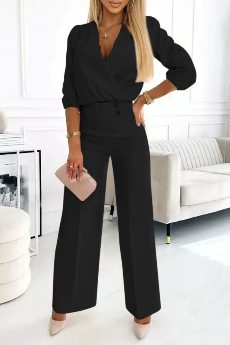 Women's solid color v-neck two-button 2-piece trouser suit