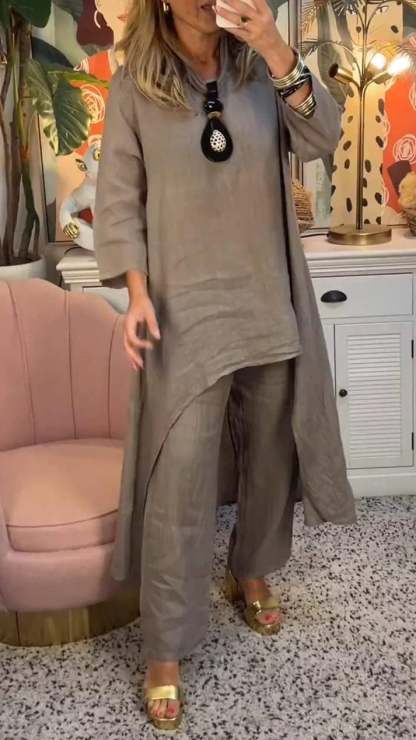 🔥Two-piece suit in cotton and linen, with a round neckline and long sleeves