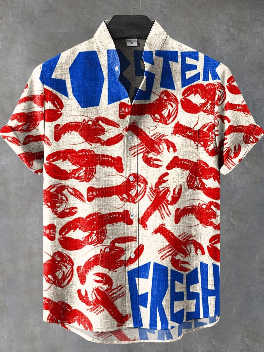Vintage Lobster Art Print Casual Cotton Shirt