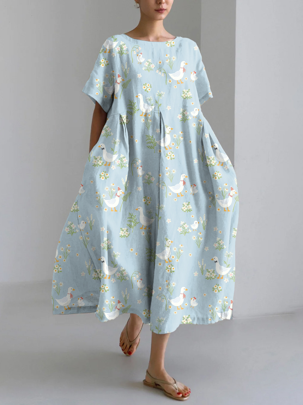 Farm Duck And Floral Pattern Linen Blend Maxi Dress