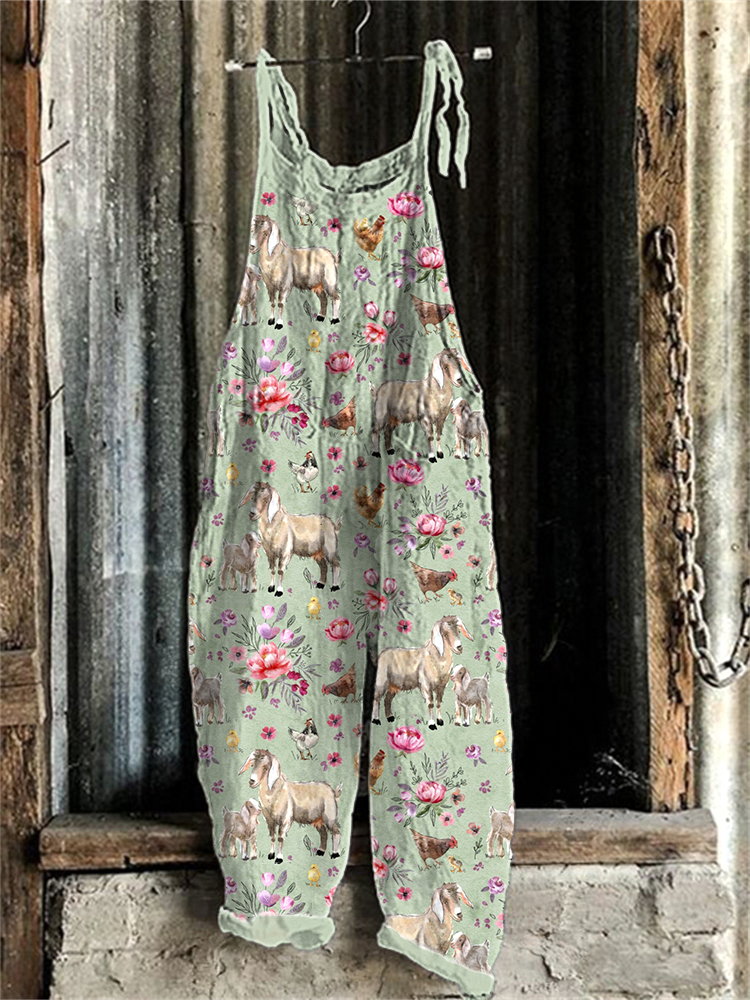 Floral Farm Animals Print Linen Blend Casual Jumpsuit