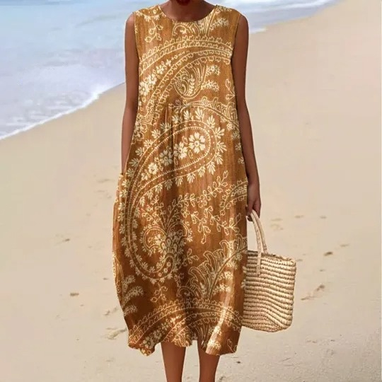 Women's Vintage Floral Art Print Sleeveless Cotton Pocket Wrap Dress