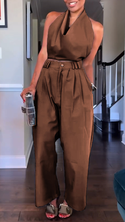 Women's Halter Neck Sleeveless Cotton and Linen Casual Suit