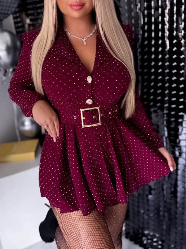 Womens Laple Collar Hot Pressed Diamond Waist Elegant Temperament Dress