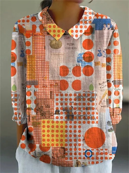 Pop Art Pattern Printed Women's Casual Cotton And Linen 3/4 Sleeve Shirt