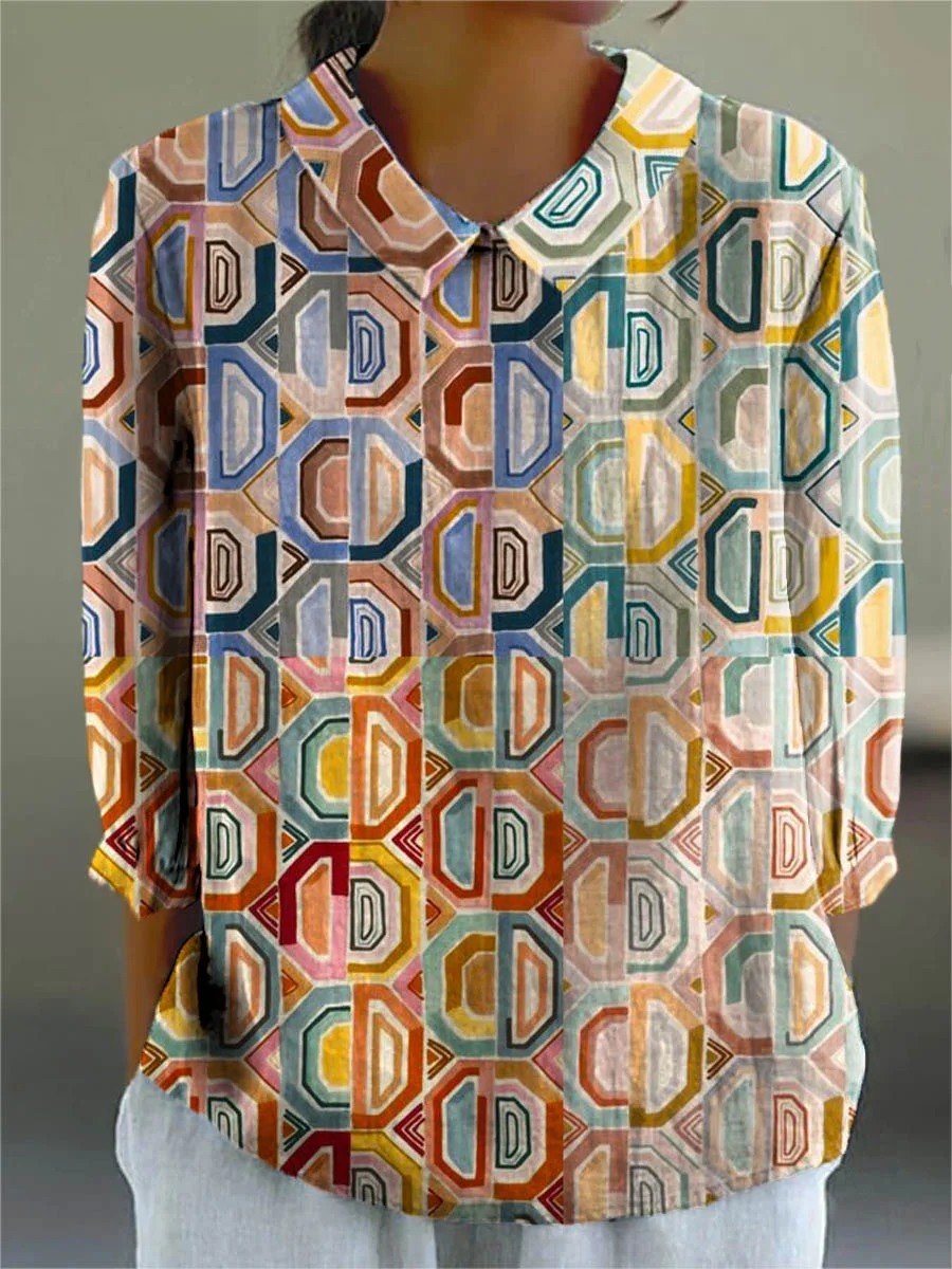 Women's Vintage Colorblock Striped Art Print Casual Cotton And Linen 3