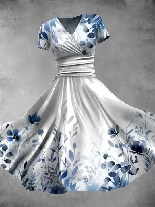 Vintage Bohemian Floral Print V Neck Elegant Chic Loose Short Sleeve Midi Dress