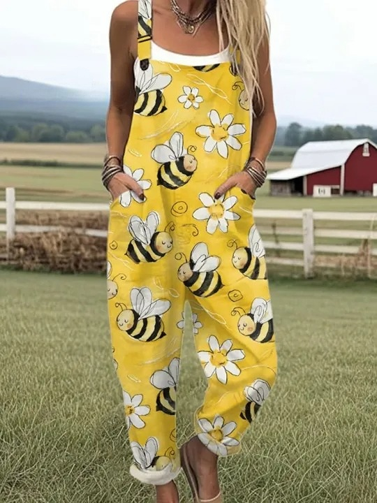 Women's Vintage Bee Floral Art Print Casual 100% Cotton Wide Leg Jumpsuit
